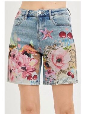 Risen Women’s Floral Printed Denim Shorts - Pink & Blue